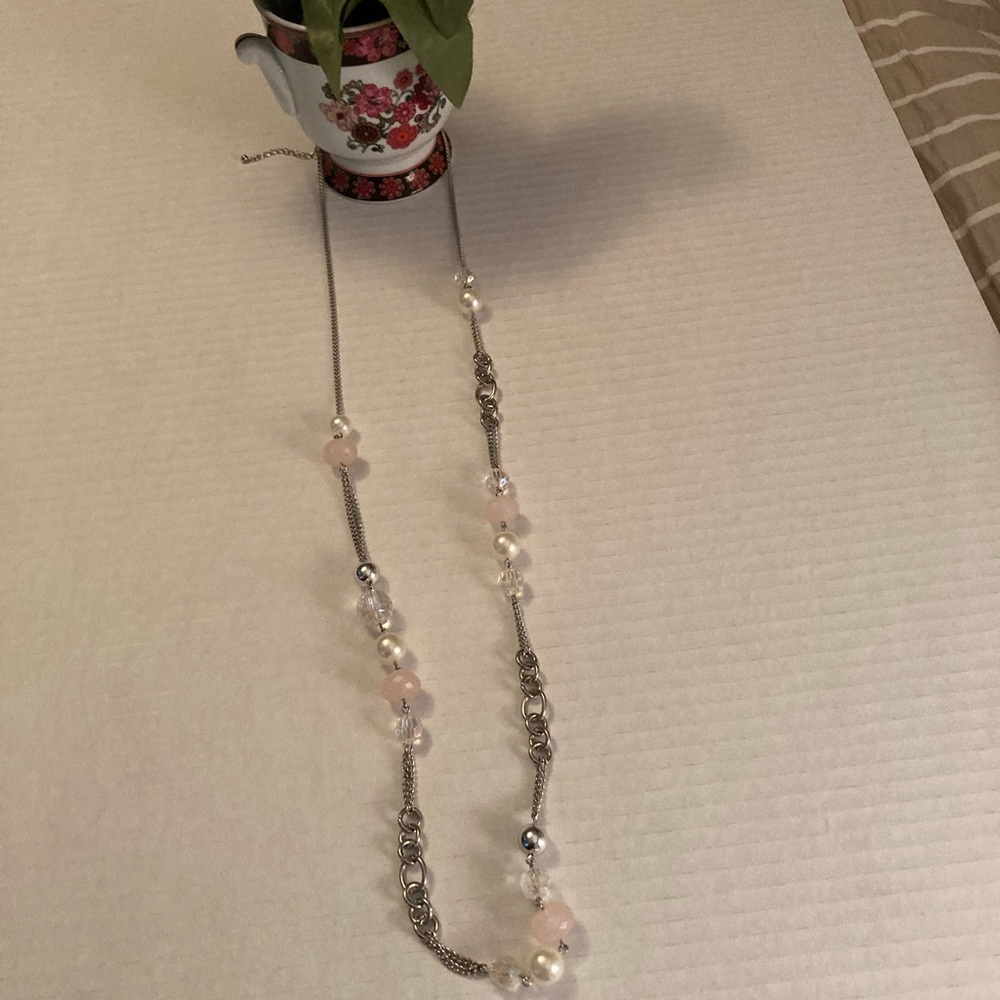 Long silver, beaded necklace